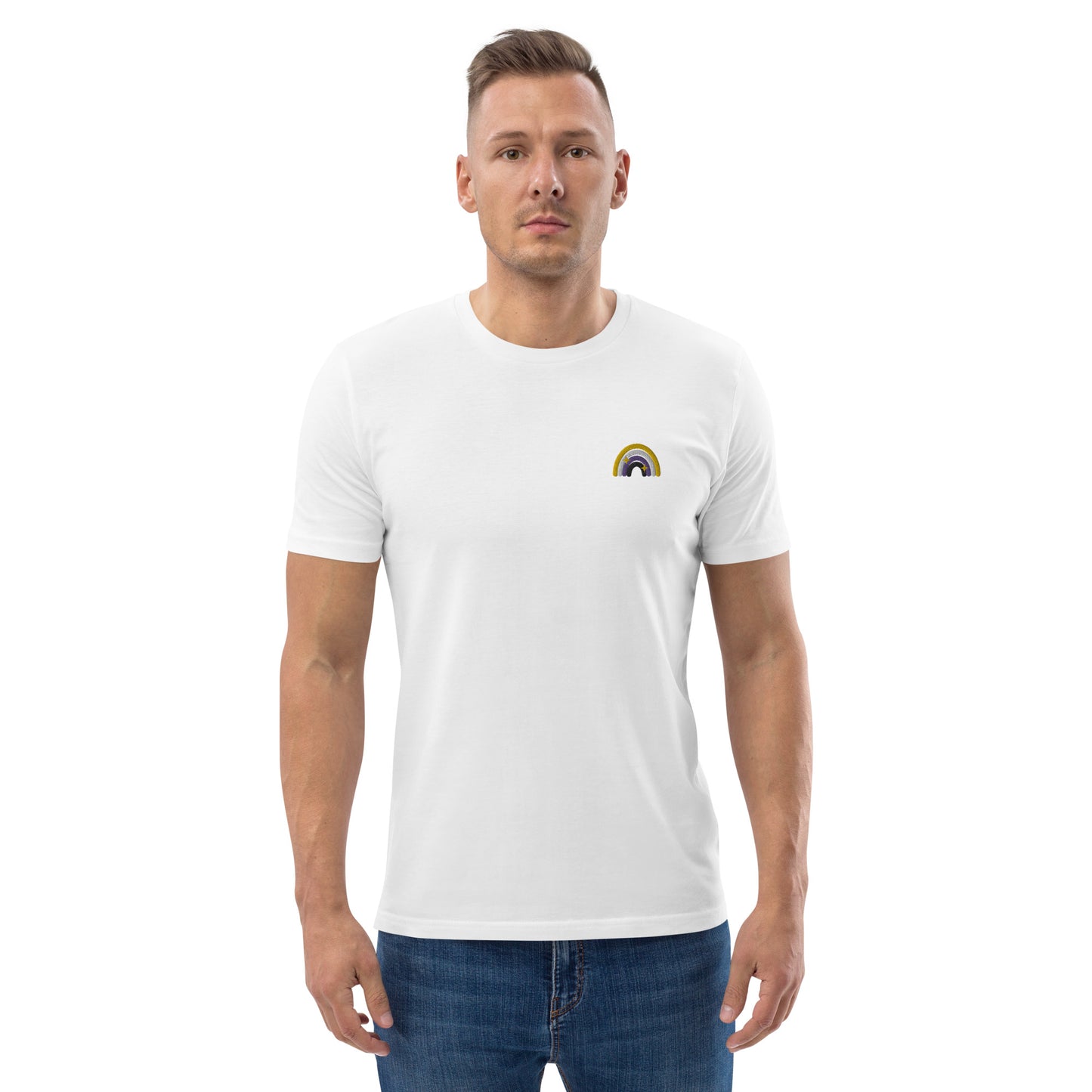 Organic Cotton T-shirt: Non-Binary Rainbow Embroidery