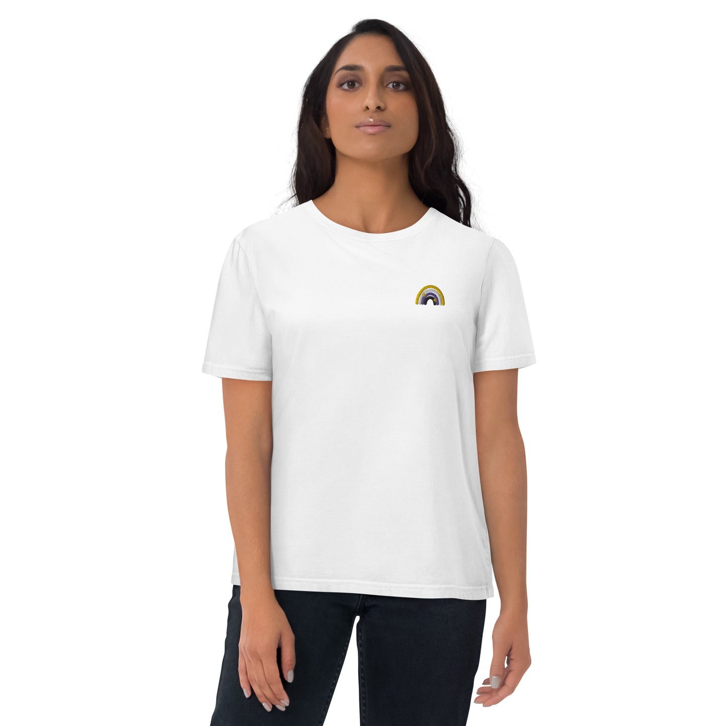 Organic Cotton T-shirt: Non-Binary Rainbow Embroidery