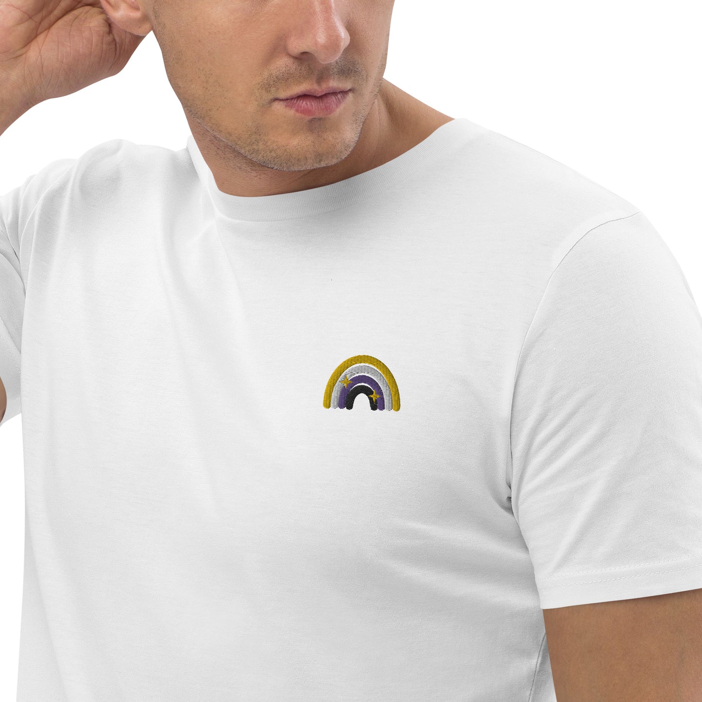 Organic Cotton T-shirt: Non-Binary Rainbow Embroidery