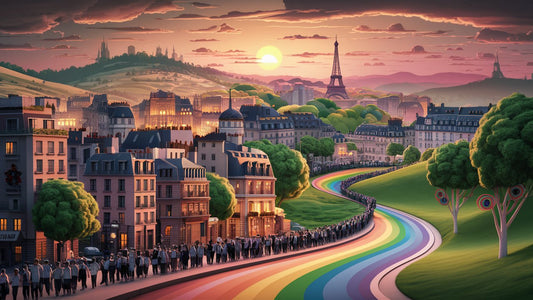 paper-cut art scene portrays a charming Paris city. A rainbow-colored winding road flows through the city towards the city.