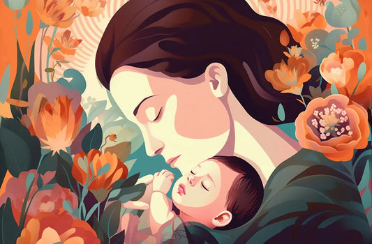 Mother's day illustration of a woman cradling her baby with flowers all around her