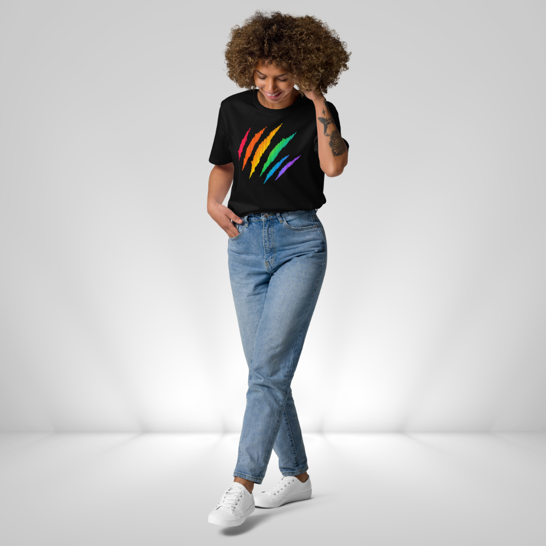 Roar with pride in our Unisex T-shirt featuring a fierce lion scratch mark in rainbow colors! Printed on 100% organic ring-spun cotton, promising high quality, comfort, and eco-friendlinesS.