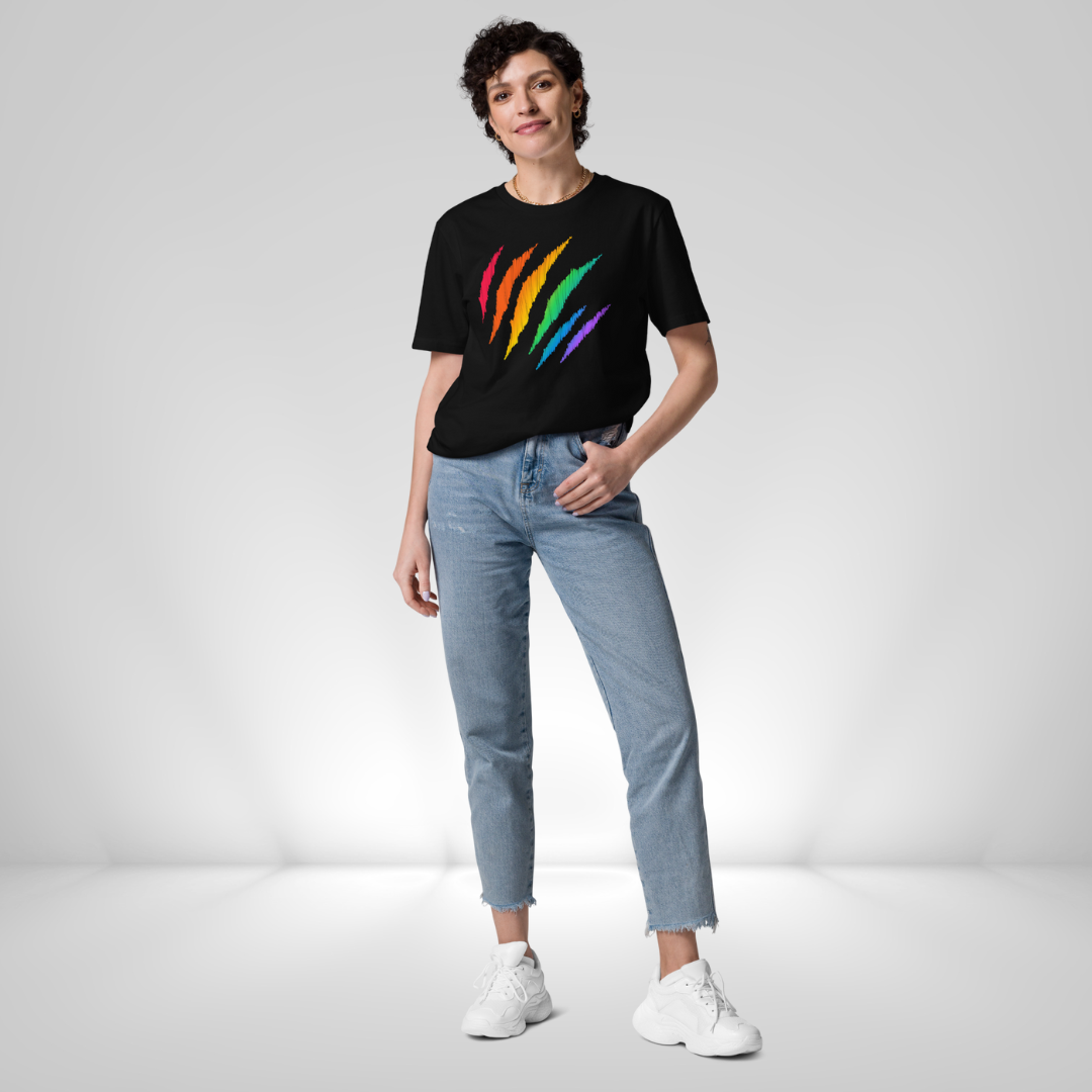 Roar with pride in our Unisex T-shirt featuring a fierce lion scratch mark in rainbow colors! Printed on 100% organic ring-spun cotton, promising high quality, comfort, and eco-friendlinesS.