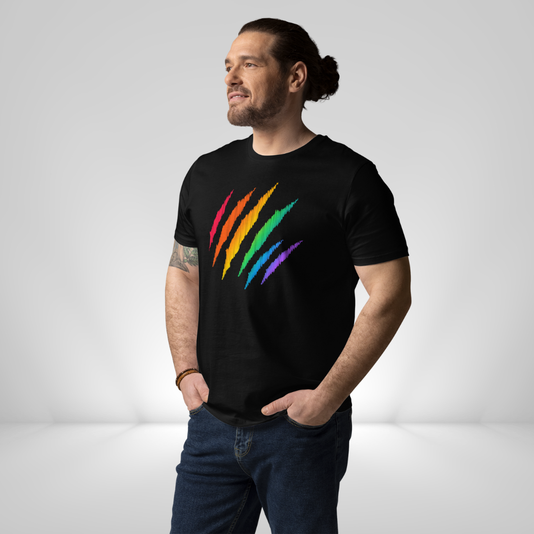 Roar with pride in our Unisex T-shirt featuring a fierce lion scratch mark in rainbow colors! Printed on 100% organic ring-spun cotton, promising high quality, comfort, and eco-friendlinesS.