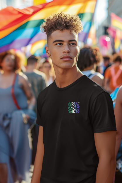 T-shirt en coton biologique : Girls, Gays, & Theys (Gay Colors)