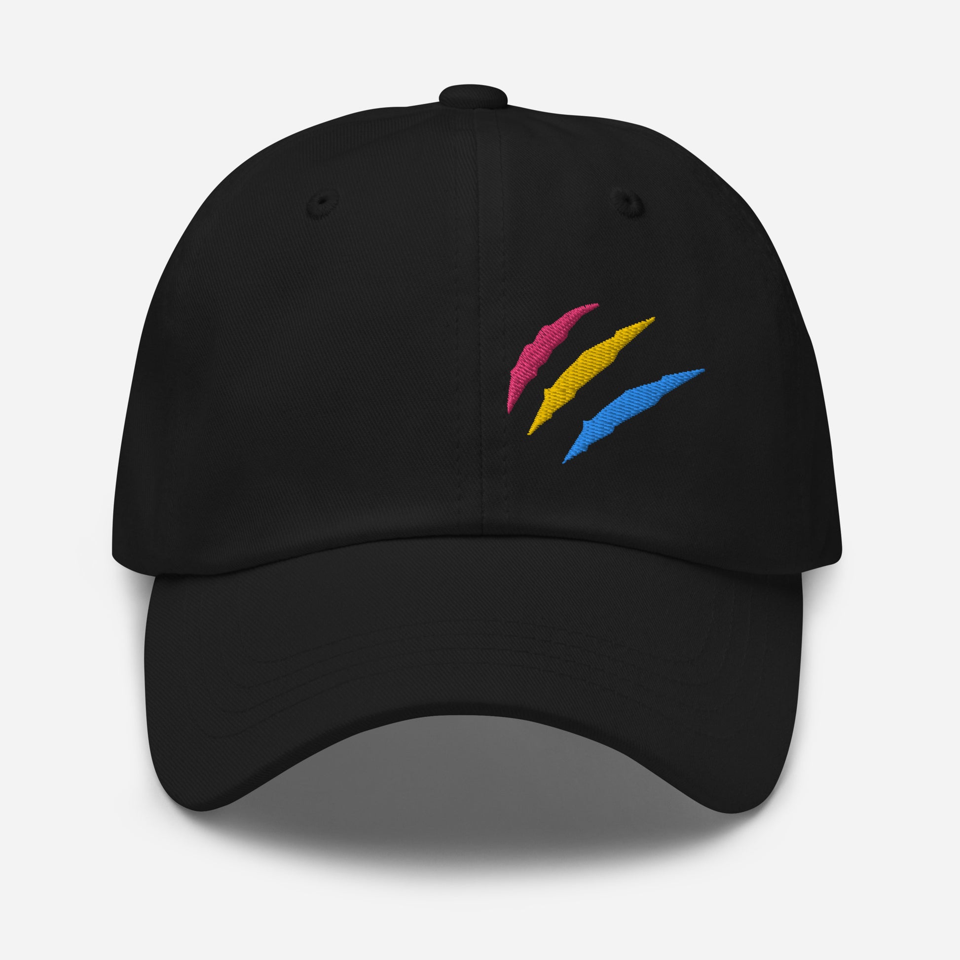 Black baseball hat featuring pansexual pride scratch mark embroidery with a low profile, adjustable strap.