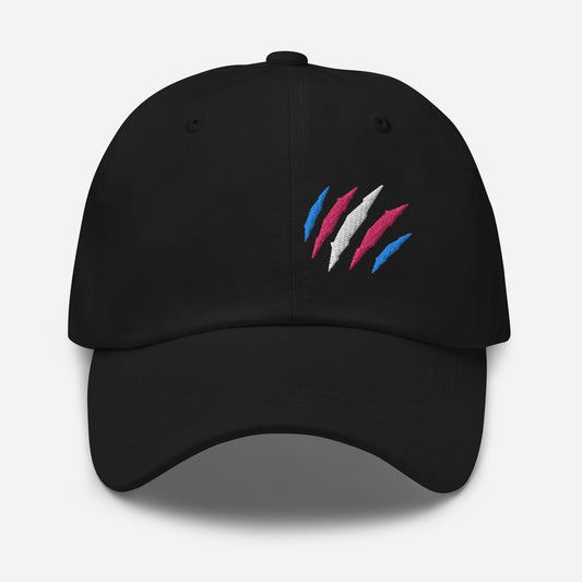 Black baseball hat featuring transgender pride scratch mark embroidery with a low profile, adjustable strap.