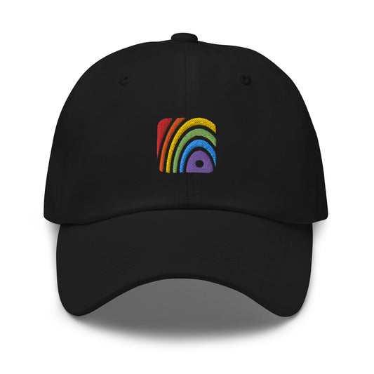 Balck baseball hat featuring rainbow design embroidery with a low profile, adjustable strap.