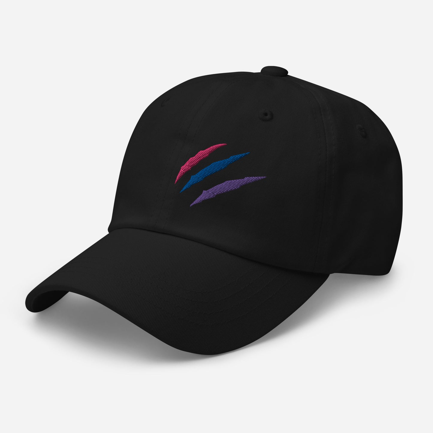 Baseball hat featuring bisexual pride scratch mark embroidery in black with a low profile, adjustable strap.