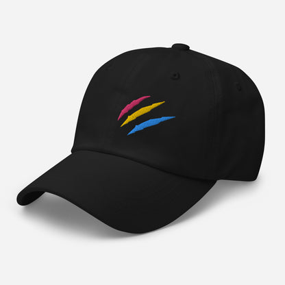 Black baseball hat featuring pansexual pride scratch mark embroidery with a low profile, adjustable strap.