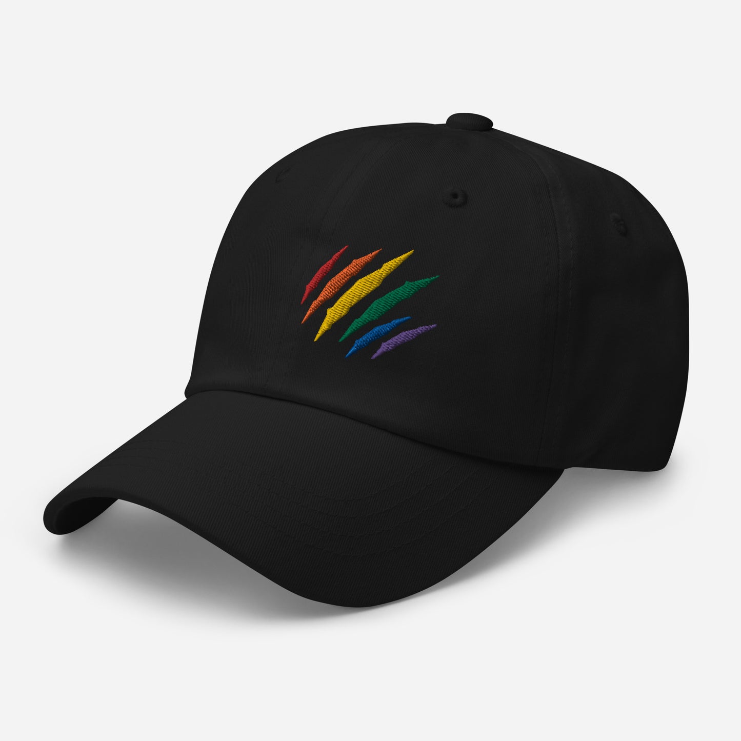 Black baseball hat featuring rainbow pride scratch mark embroidery with a low profile, adjustable strap.