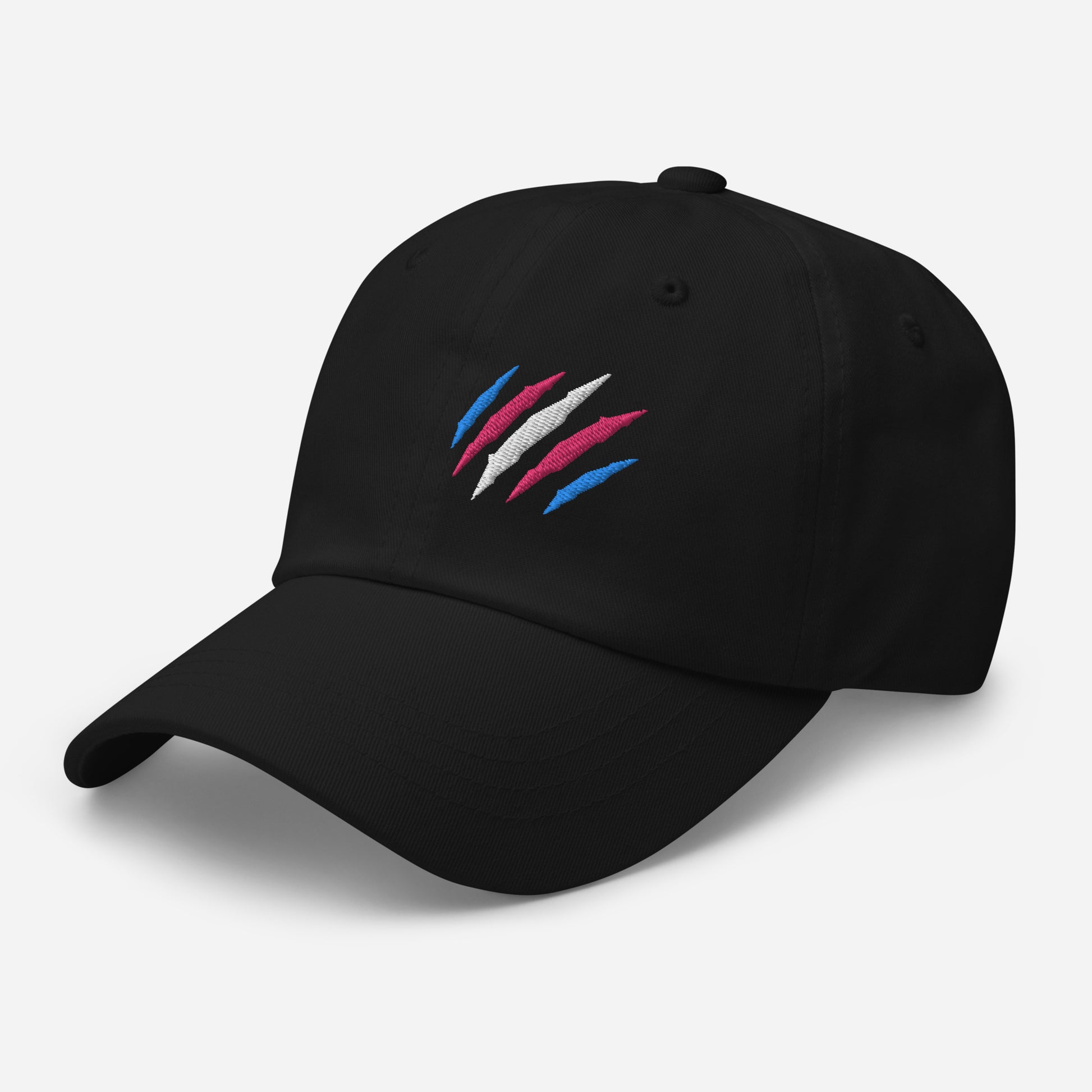 Black baseball hat featuring transgender pride scratch mark embroidery with a low profile, adjustable strap.