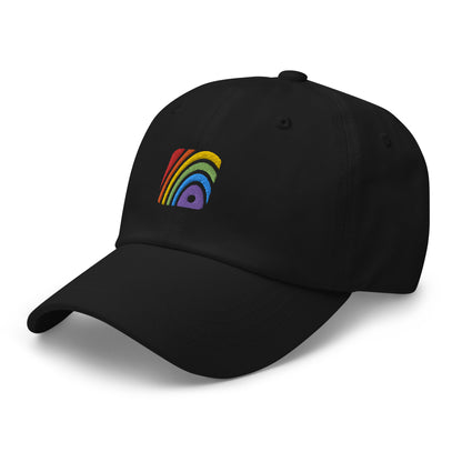 Balck baseball hat featuring rainbow design embroidery with a low profile, adjustable strap.