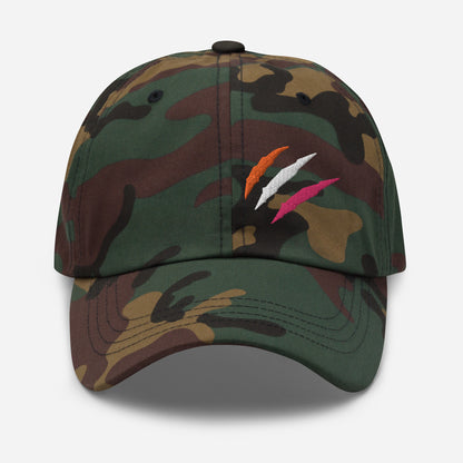 Green Camo baseball hat featuring lesbian pride scratch mark embroidery with a low profile, adjustable strap.