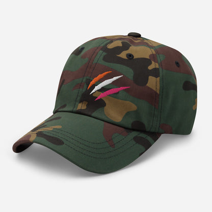 Green Camo baseball hat featuring lesbian pride scratch mark embroidery with a low profile, adjustable strap.