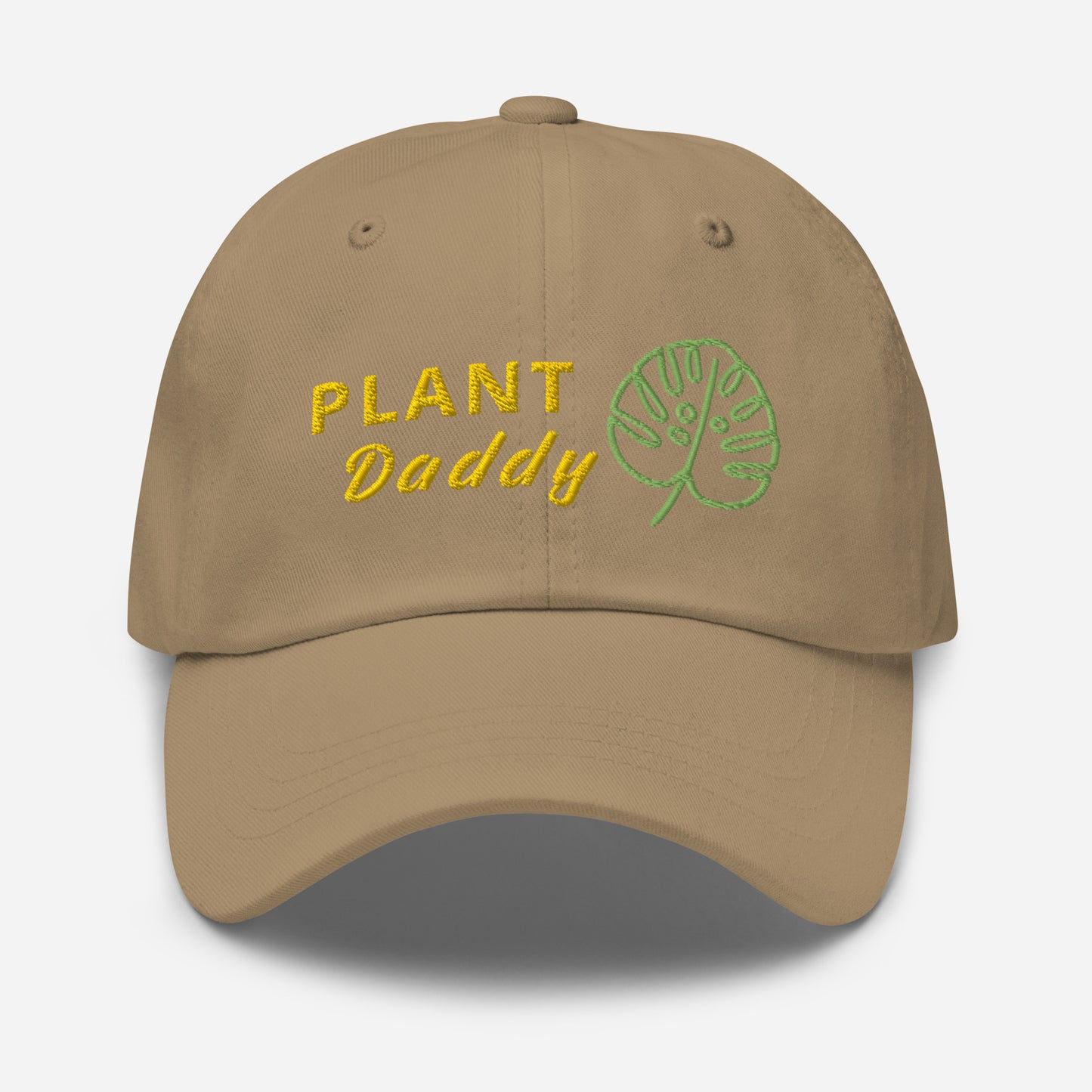 Khaki baseball hat featuring pant daddy embroidery with a low profile, adjustable strap.