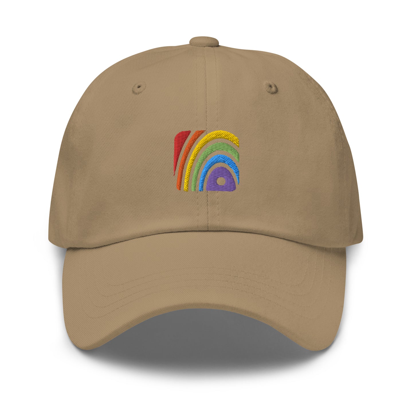 Khaki baseball hat featuring rainbow design embroidery with a low profile, adjustable strap.