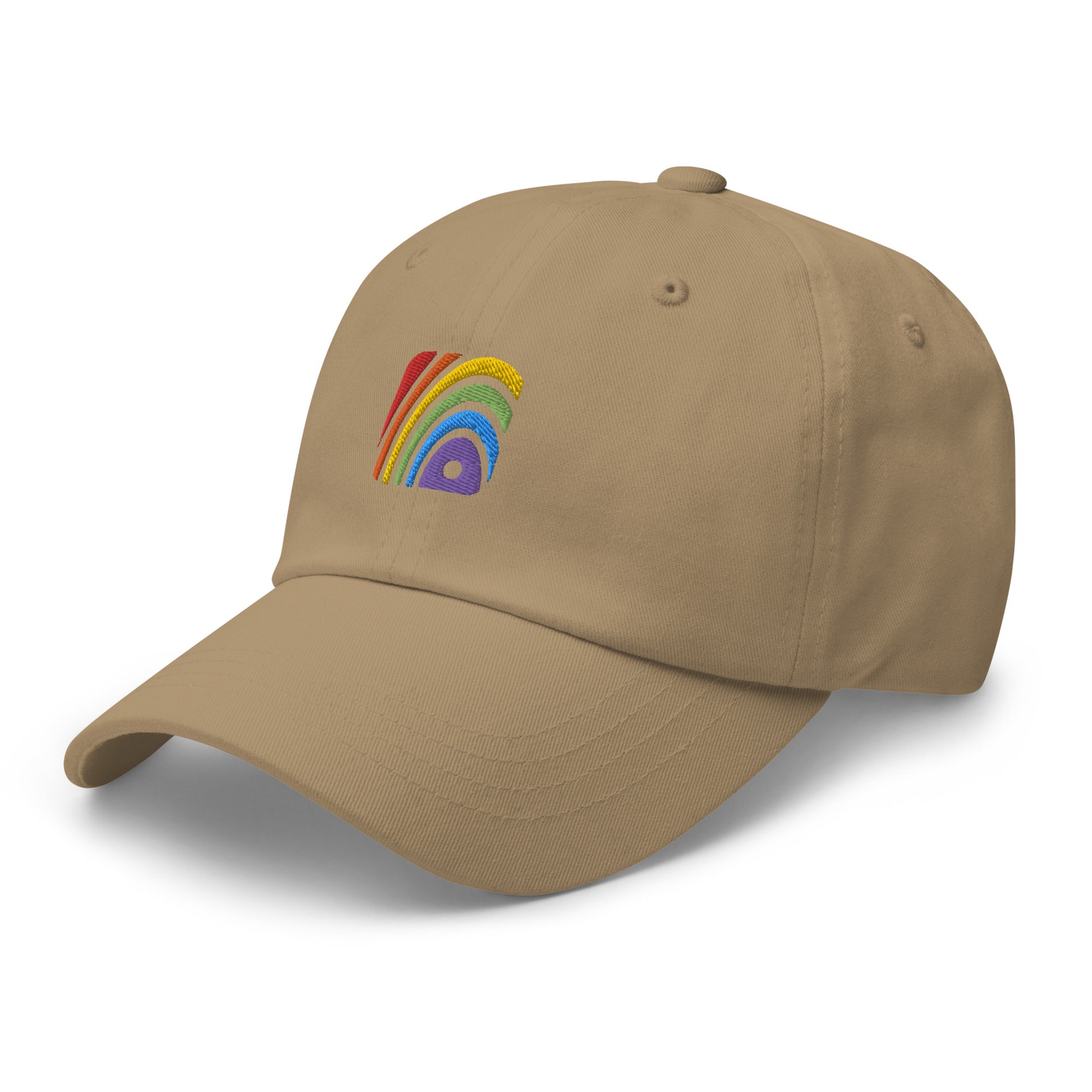 Khaki baseball hat featuring rainbow design embroidery with a low profile, adjustable strap.