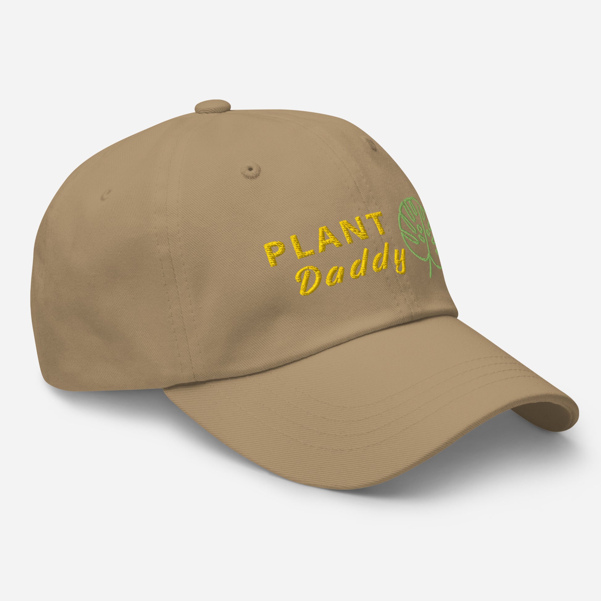 Khaki baseball hat featuring pant daddy embroidery with a low profile, adjustable strap.