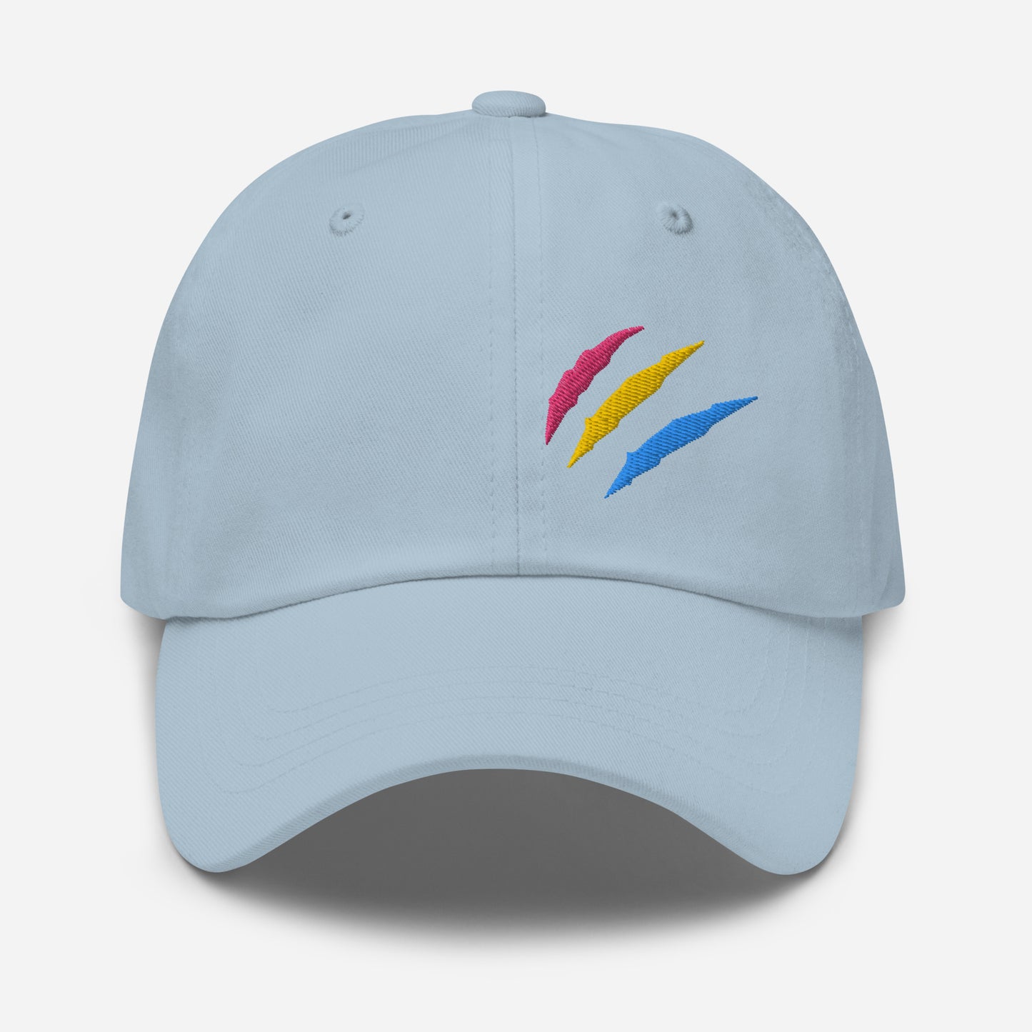 Light blue baseball hat featuring pansexual pride scratch mark embroidery with a low profile, adjustable strap.