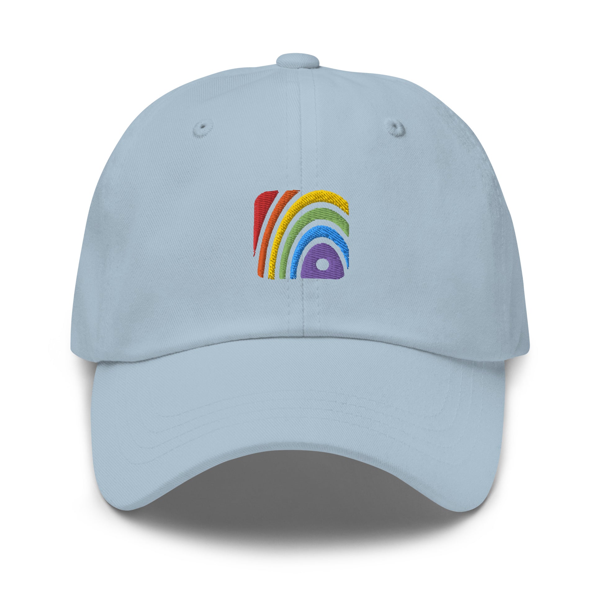 Light Blue baseball hat featuring rainbow design embroidery with a low profile, adjustable strap.