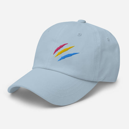 Light blue baseball hat featuring pansexual pride scratch mark embroidery with a low profile, adjustable strap.