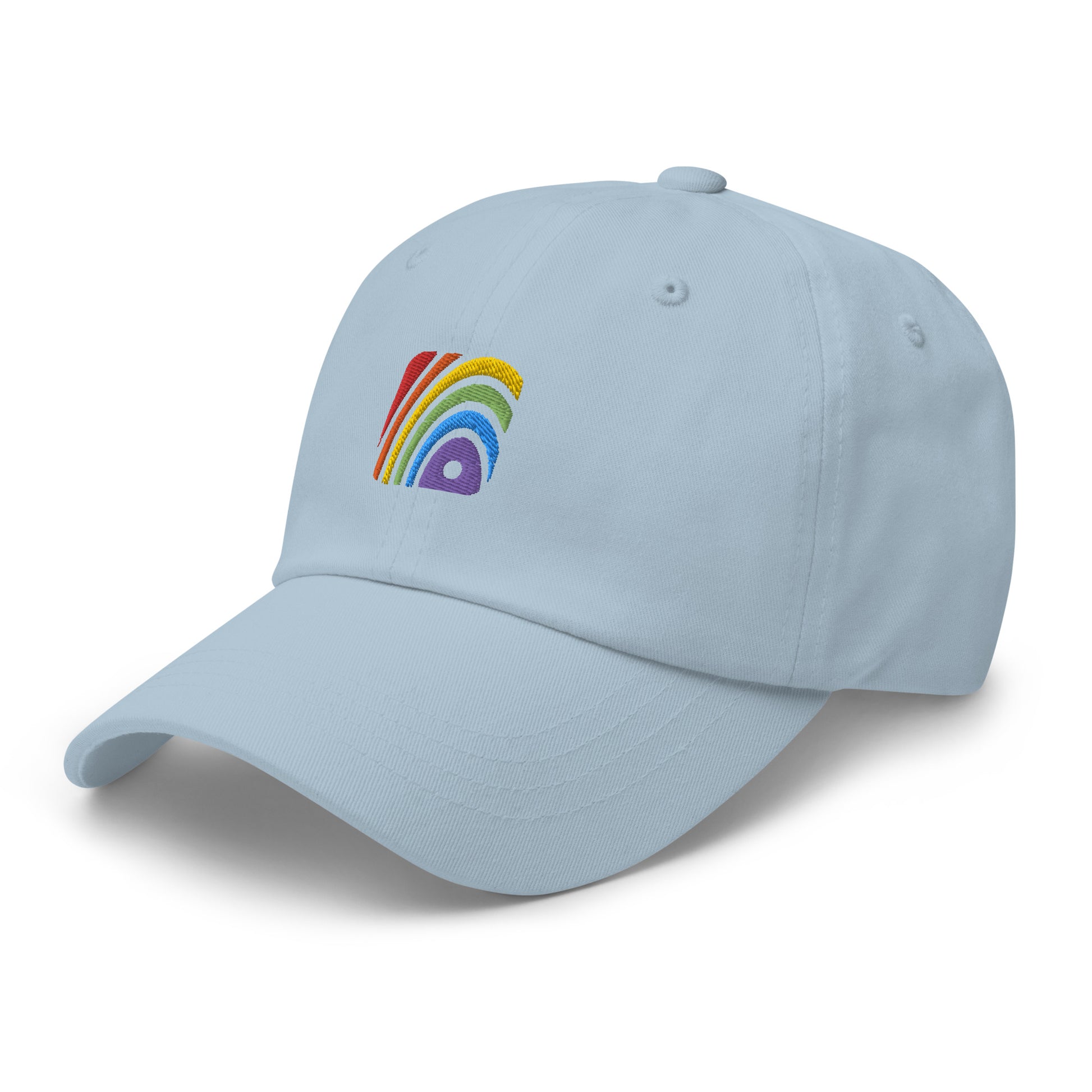 Light Blue baseball hat featuring rainbow design embroidery with a low profile, adjustable strap.
