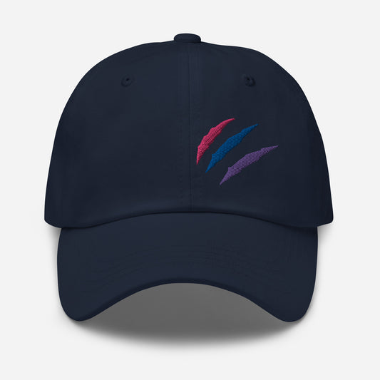 Baseball hat featuring bisexual pride scratch mark embroidery in black with a low profile, adjustable strap.