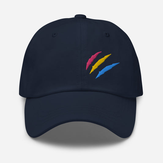 Navy baseball hat featuring pansexual pride scratch mark embroidery with a low profile, adjustable strap.