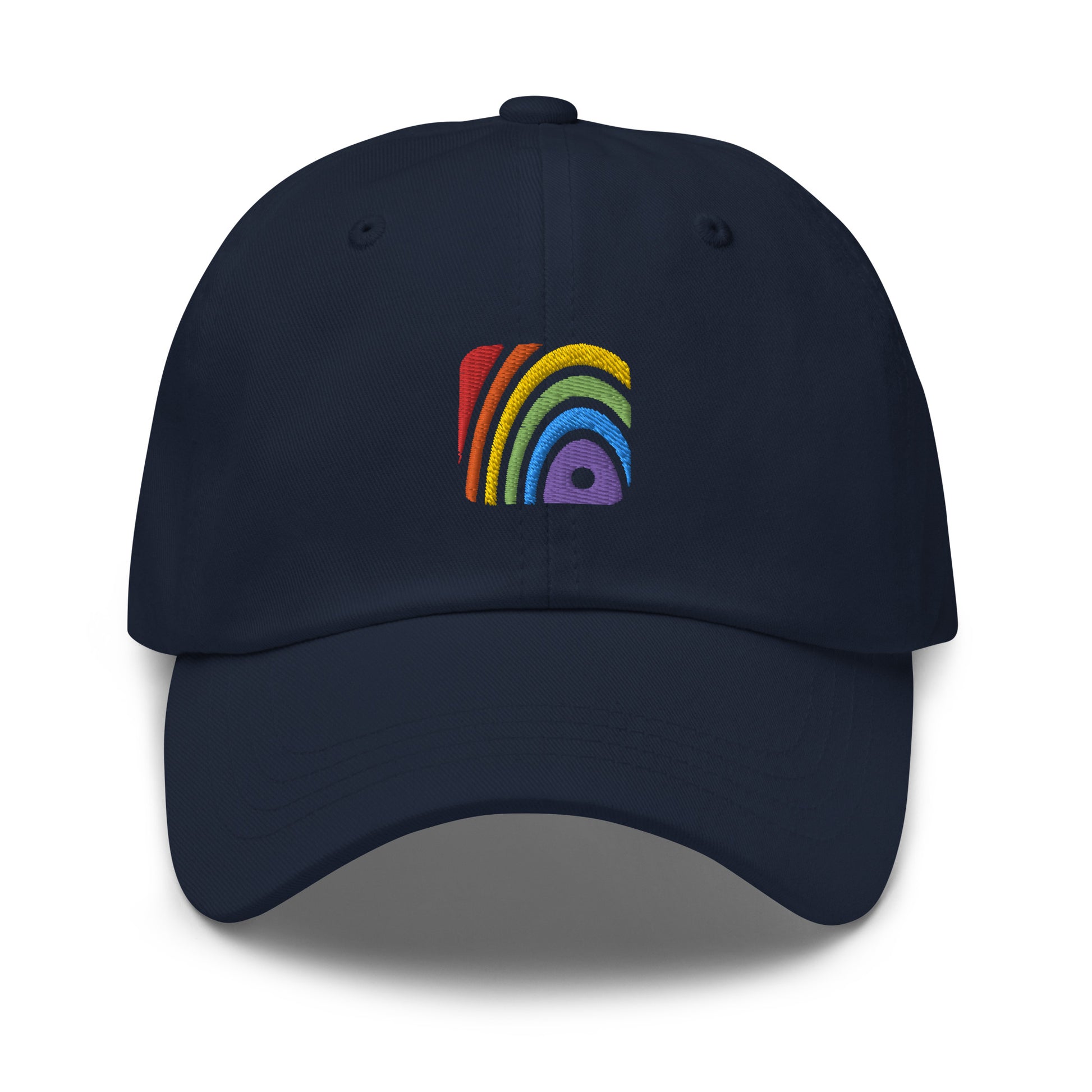 Navy baseball hat featuring rainbow design embroidery with a low profile, adjustable strap.