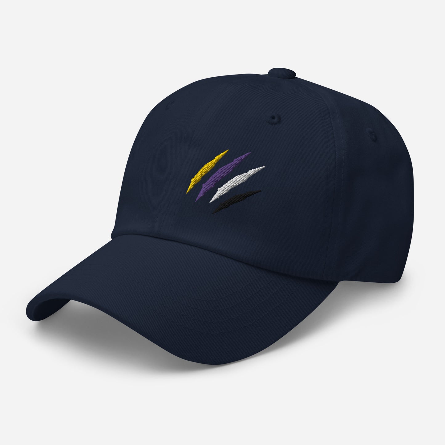 Navy baseball hat featuring non-binary pride scratch mark embroidery with a low profile, adjustable strap.