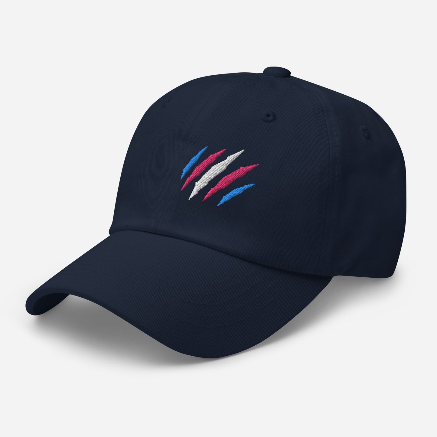 Navy baseball hat featuring transgender pride scratch mark embroidery with a low profile, adjustable strap.