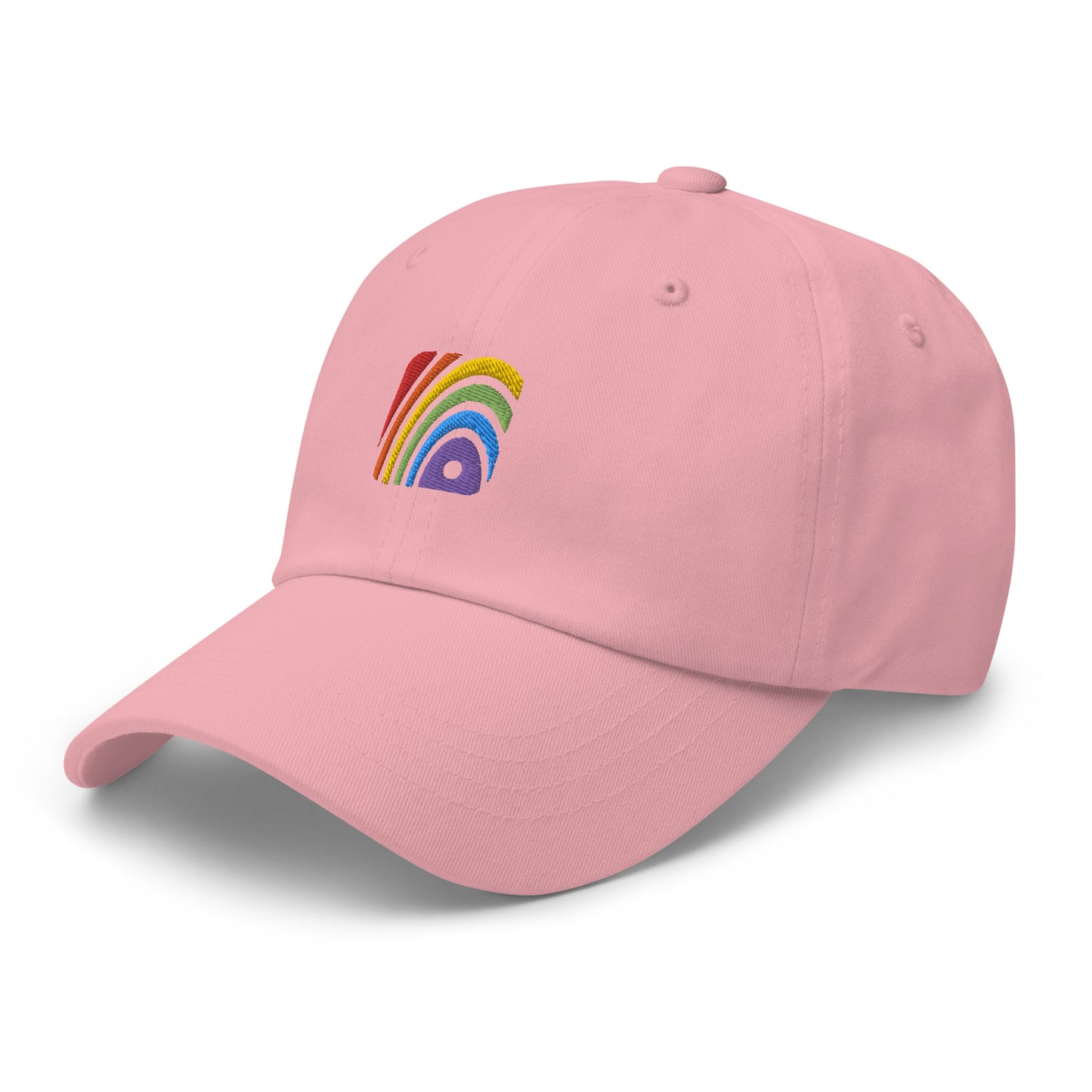 Pink baseball hat featuring rainbow design embroidery with a low profile, adjustable strap.
