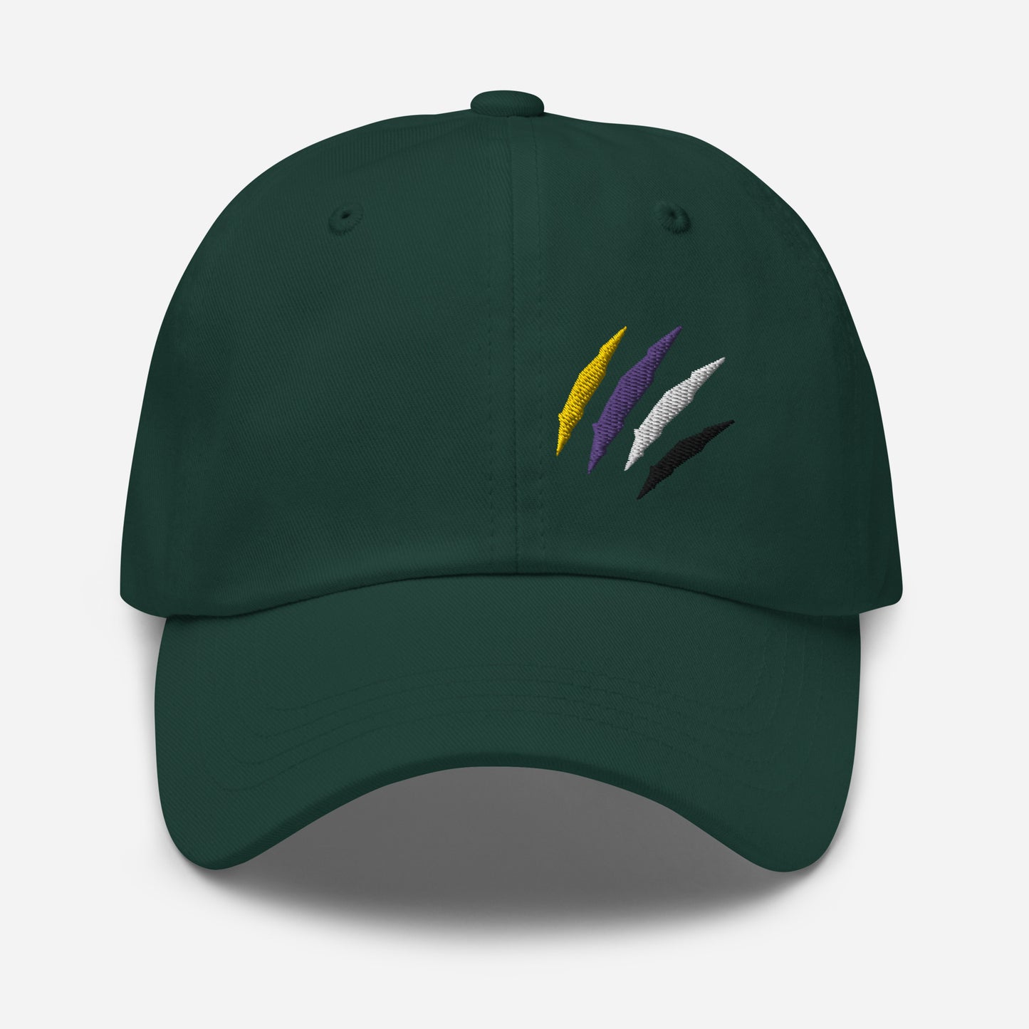 Spruce baseball hat featuring non-binary pride scratch mark embroidery with a low profile, adjustable strap.