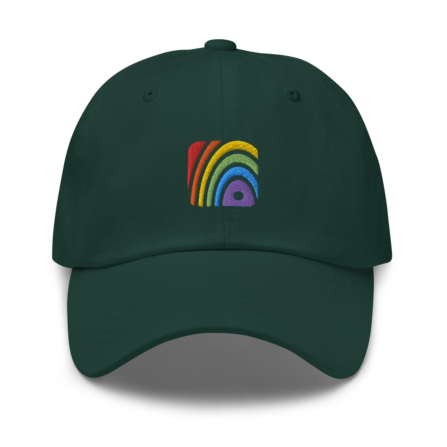 Spruce baseball hat featuring rainbow design embroidery with a low profile, adjustable strap.