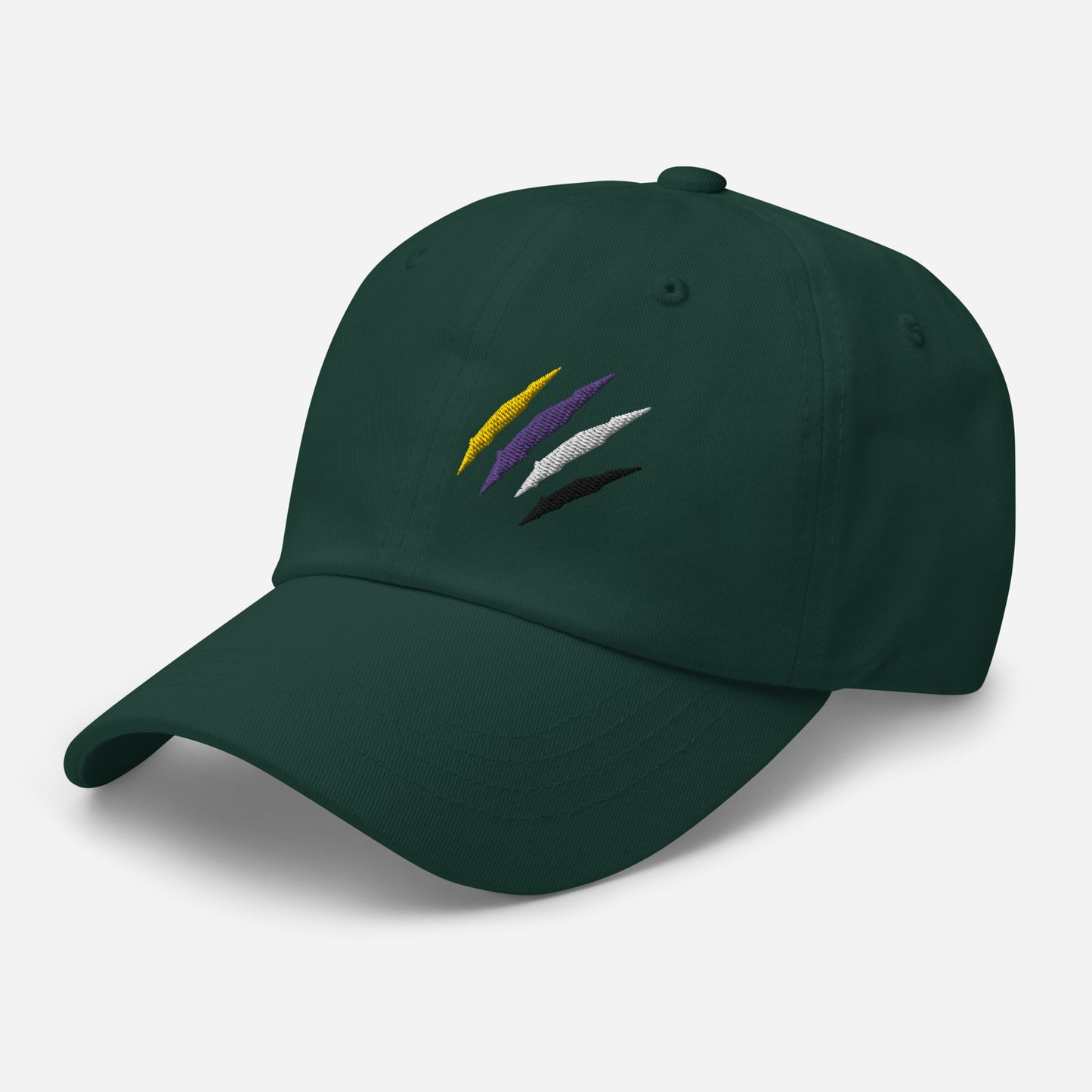 Spruce baseball hat featuring non-binary pride scratch mark embroidery with a low profile, adjustable strap.