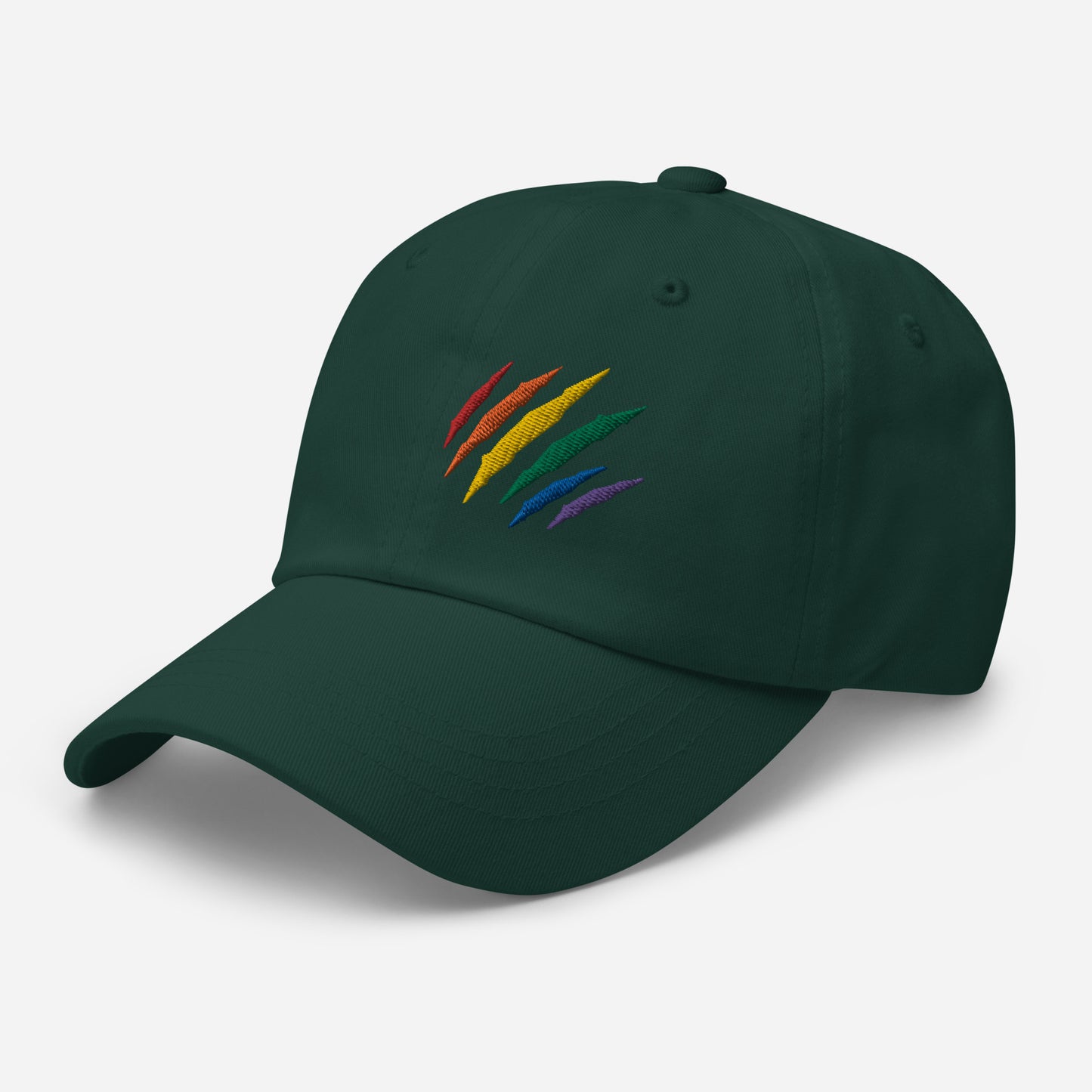 Spruce baseball hat featuring rainbow pride scratch mark embroidery with a low profile, adjustable strap.