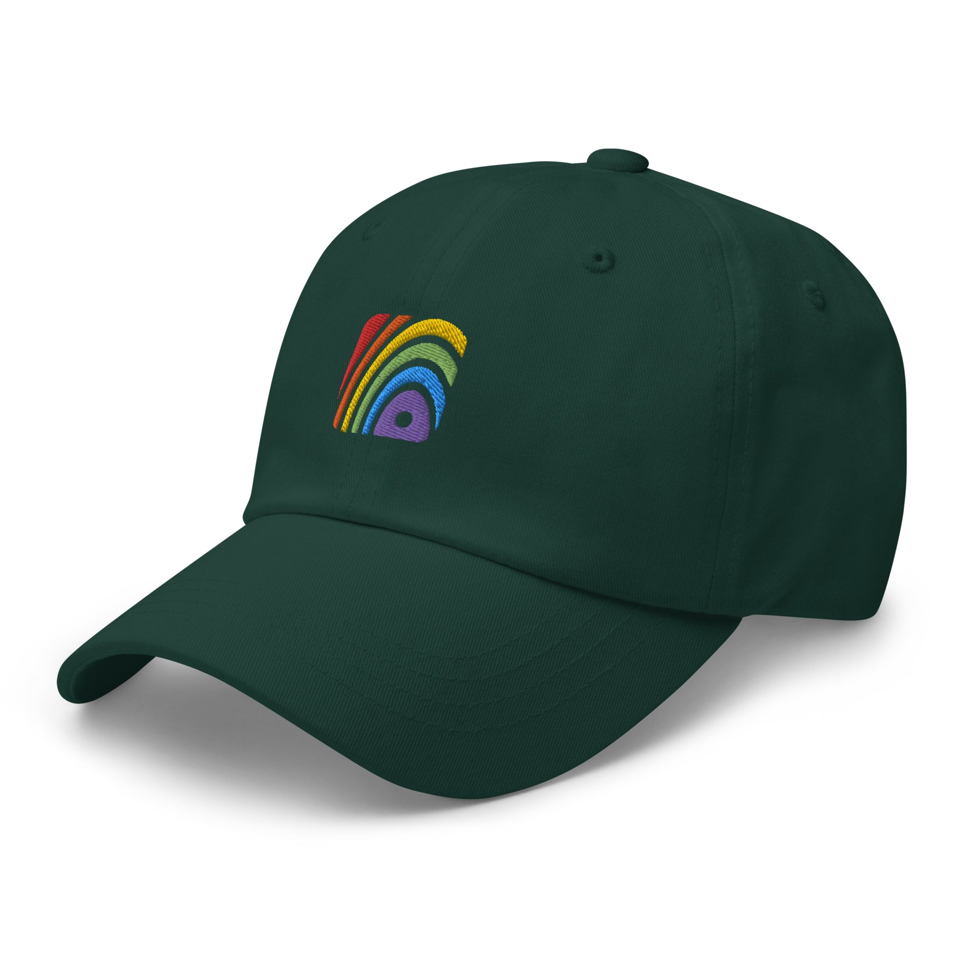 Spruce baseball hat featuring rainbow design embroidery with a low profile, adjustable strap.