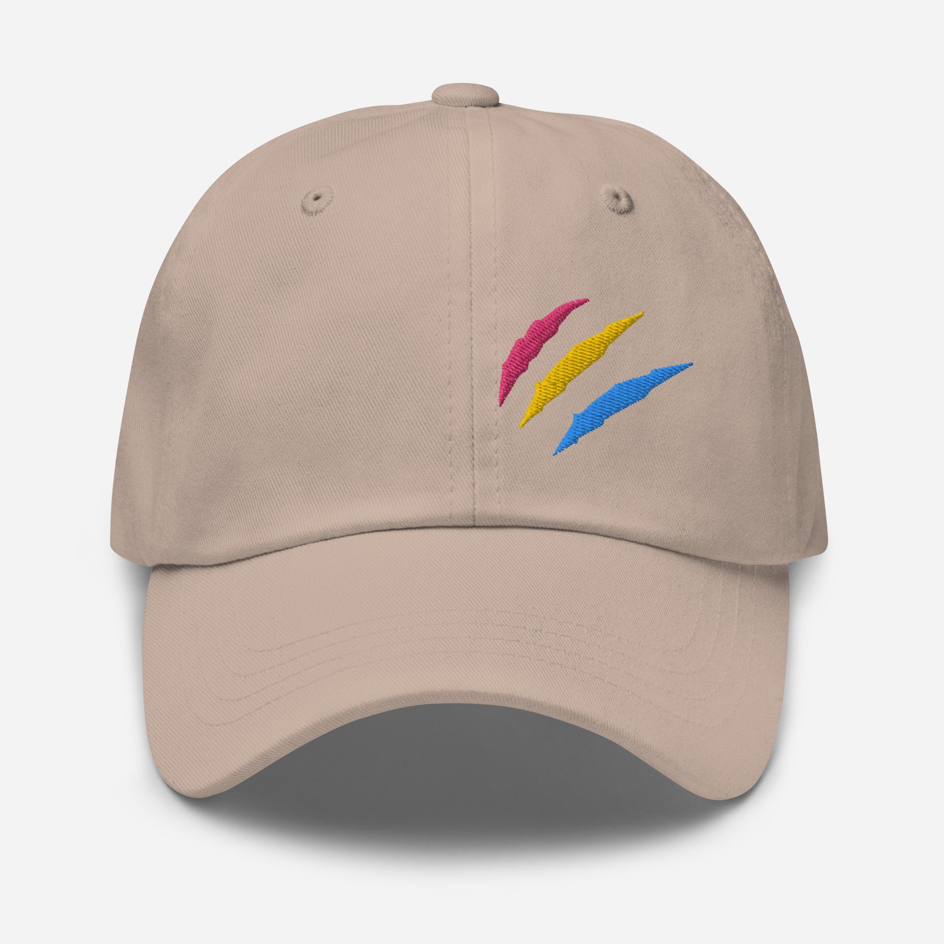 Stone baseball hat featuring pansexual pride scratch mark embroidery with a low profile, adjustable strap.
