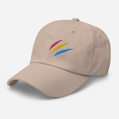 Stone baseball hat featuring pansexual pride scratch mark embroidery with a low profile, adjustable strap.