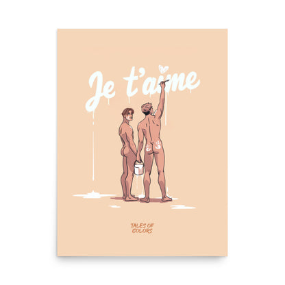 Nude boyfriends painting Je t'aime on the wall.