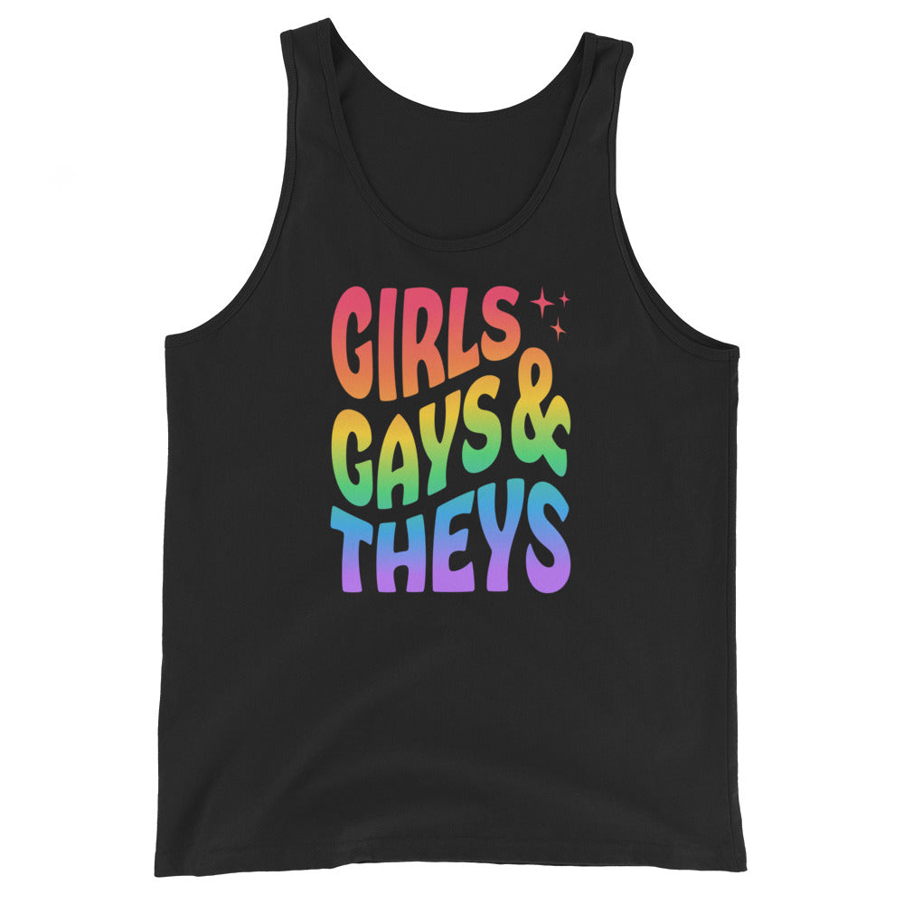 Tank Top Print: Girls Gays & Theys Rainbow