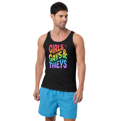 Tank Top Print: Girls Gays & Theys Rainbow