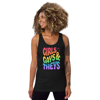 Tank Top Print: Girls Gays & Theys Rainbow