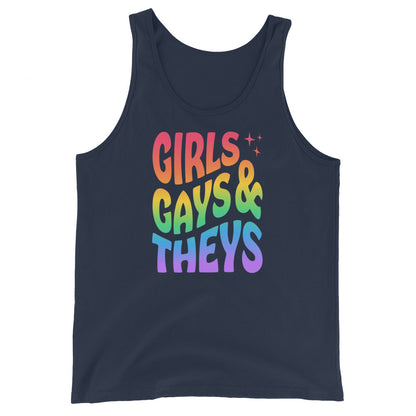 Tank Top Print: Girls Gays & Theys Rainbow