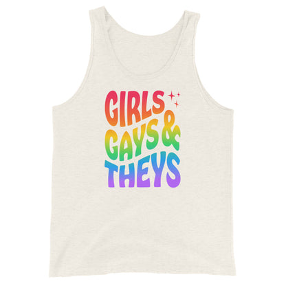 Tank Top Print: Girls Gays & Theys Rainbow