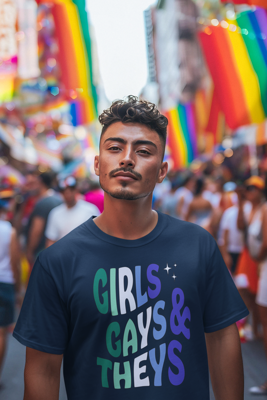 T-shirt en coton biologique imprimé : Girls Gays & Theys