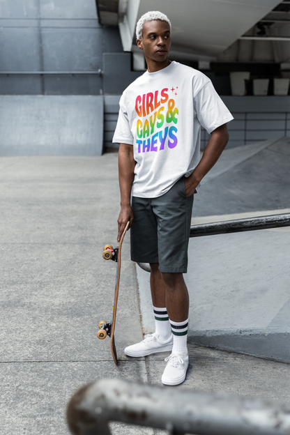 T-shirt en coton biologique imprimé : Girls Gays & Theys Rainbow