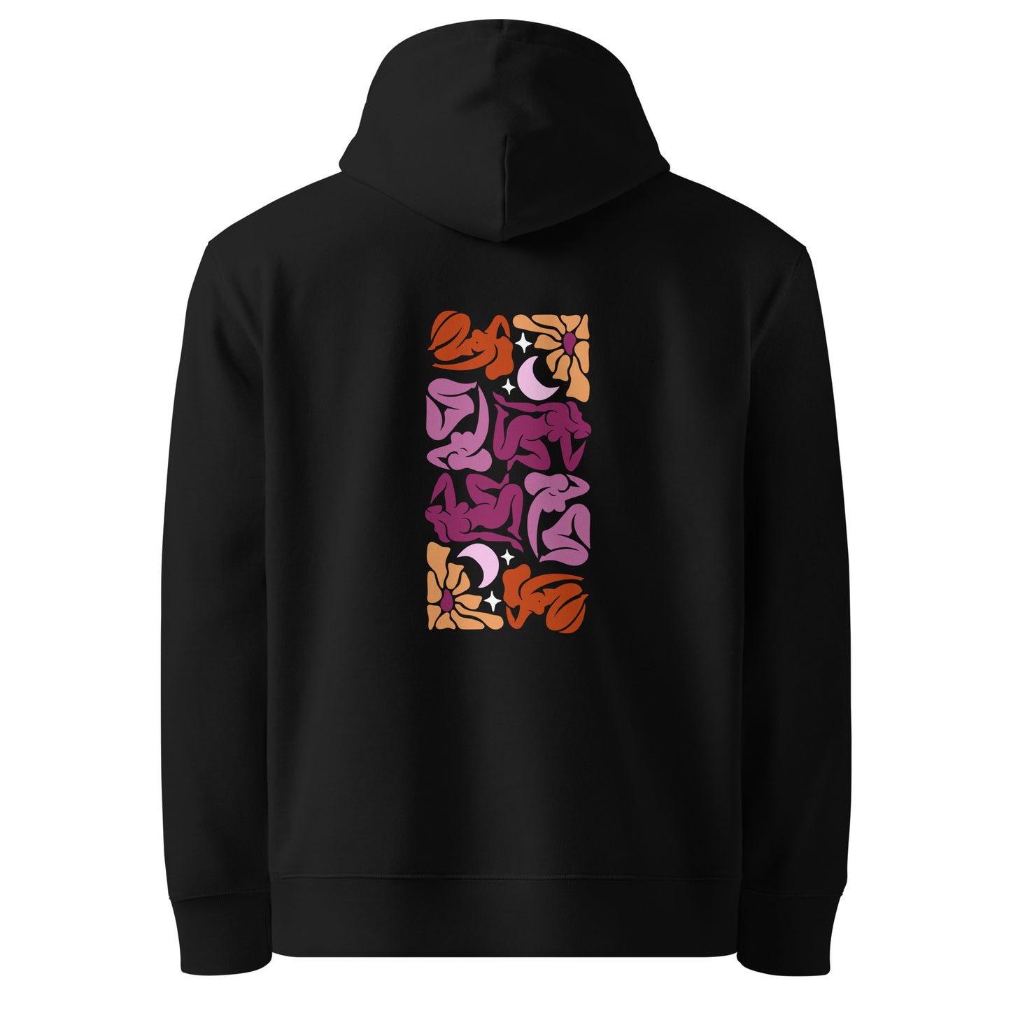 Unisex eco-friendly black hoodie featuring an embroidered Matisse mosaic-inspired design centered chest in lesbian colors, with the same design printed large on the back - adding a touch of lgbtq to your outfit. sizes: small, medium, large, extra large, double extra large.