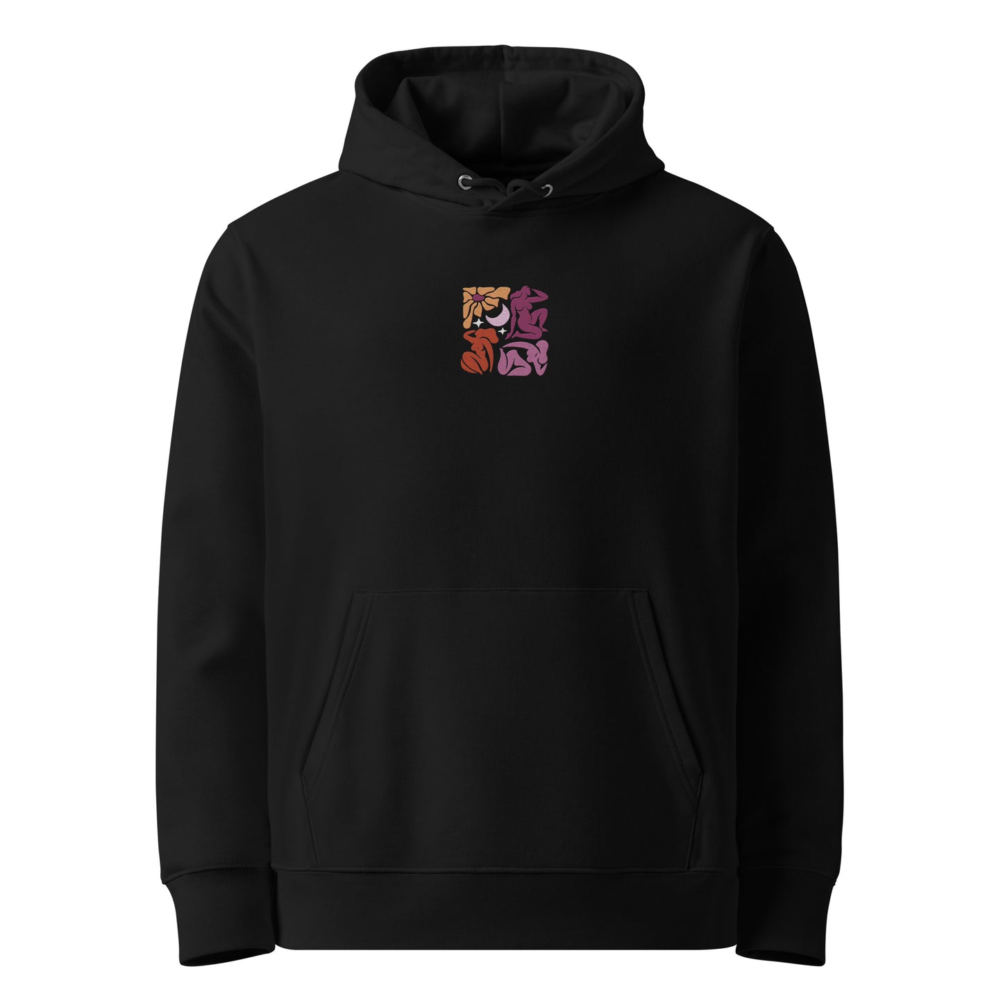 Unisex eco-friendly black hoodie featuring an embroidered Matisse mosaic-inspired design centered chest in lesbian colors, with the same design printed large on the back - adding a touch of lgbtq to your outfit. sizes: small, medium, large, extra large, double extra large.